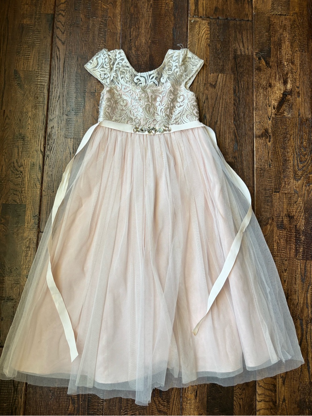 Girls Rare Editions formal dress size 6 pink tulle gold lace